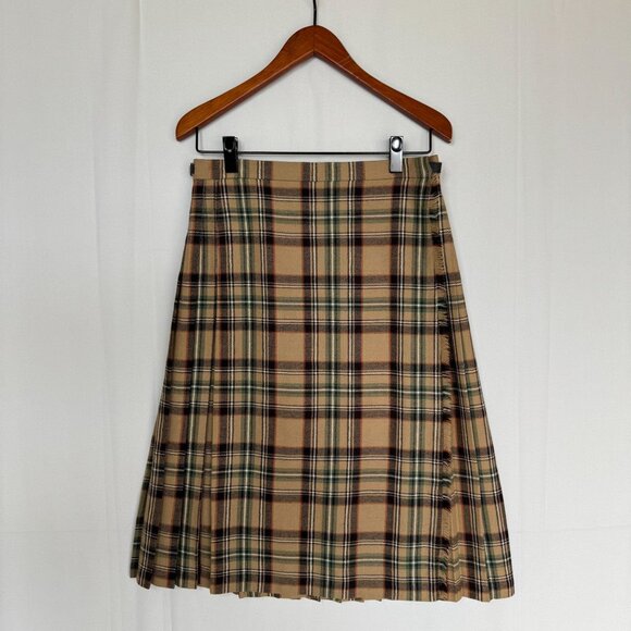 Vintage 80s The Edinburgh Woolen Mill Tan Plaid Pleated Wrap Midi Skirt Size 8 - Picture 1 of 13